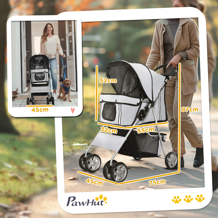 Pet Stroller for Small Miniature Dogs Cats Foldable Travel Carriage with Wheels Zipper Entry Cup Holder Storage Basket Grey
