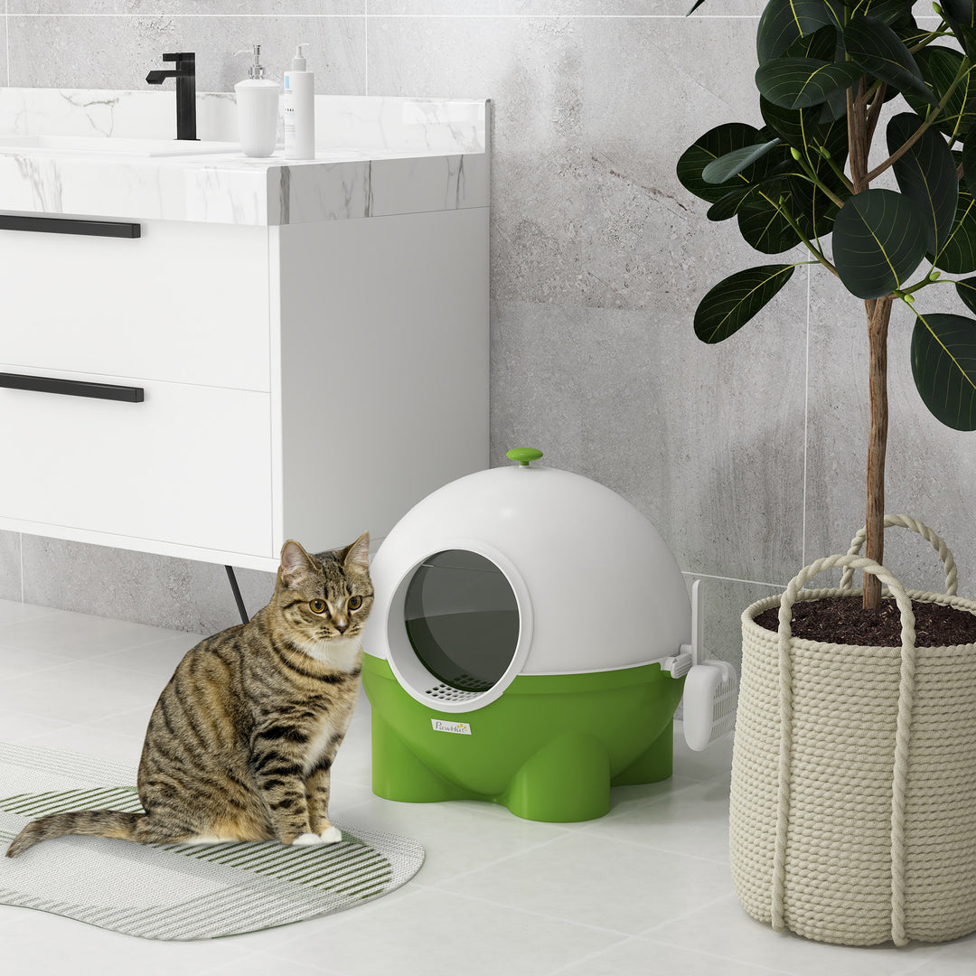 PawHut Large Cat Litter Box: Hooded Tray with Lid, Scoop & Top Handle for Easy Entry, Green | Aosom UK