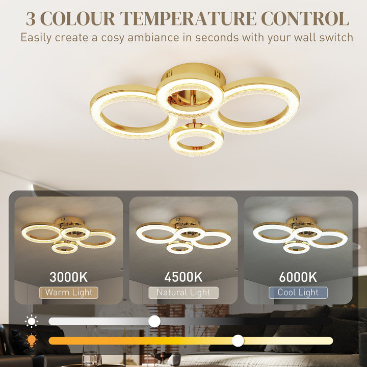 MCL LED Ceiling Light, Modern 4 Rings Ceiling Lamp with Wall Switch Control, 40W 4350lm Flush Mount Ceiling Light with 3500K/4500K/6000K Colour Temperatures for Living Room, Bedroom, Gold Tone