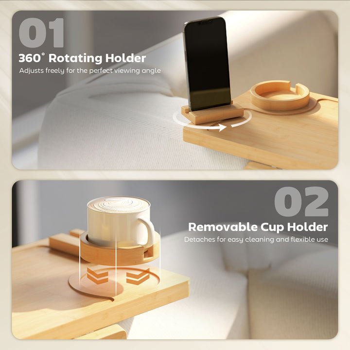 Anti-Slip Sofa Armrest Tray, Bamboo Sofa Arm Tray with 360° Phone Hold