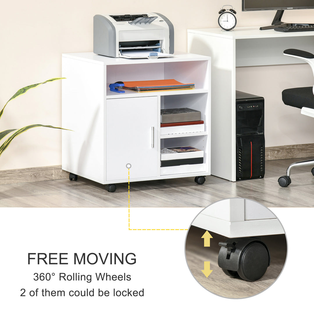 HOMCOM Mobile Printer Stand with Multiple Storage, Office Desk Side Unit on Wheels, Modern Design, 60L x 50W x 65.5H cm, White | Aosom UK