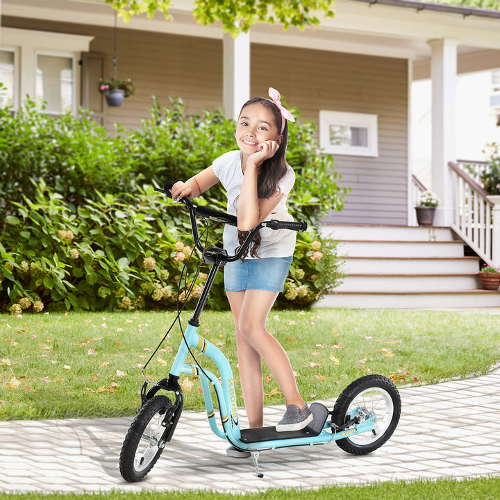 HOMCOM Teen Kids Stunt Scooter w/ Adjustable Handlebar, 12 Inch Rubber Tyres, Dual Brakes, Blue