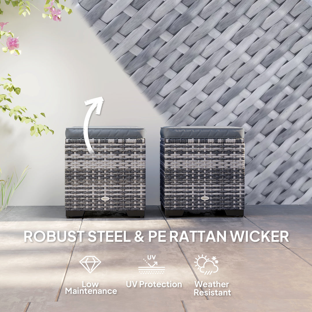 Set of 2 Rattan Storage Ottoman, Outdoor Footstool with Removable Cushions, Garden Storage Seat for Balcony, Poolside, Living Room, Dark Grey