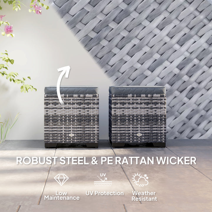 Set of 2 Rattan Storage Ottoman, Outdoor Footstool with Removable Cushions, Garden Storage Seat for Balcony, Poolside, Living Room, Dark Grey
