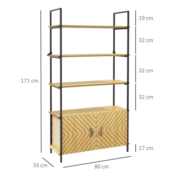 HOMCOM Industrial Bookshelf 4-Tier Shelving with Double Door Cabinet and Metal Frame for Living Room, Bedroom, Oak Tone