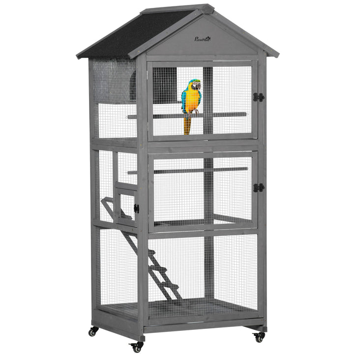 Bird Cage budgie cage Wooden Outdoor Aviary with Wheels for Canary Finch with Asphalt Roof Perch Nest Ladder Slide-out Tray, Grey