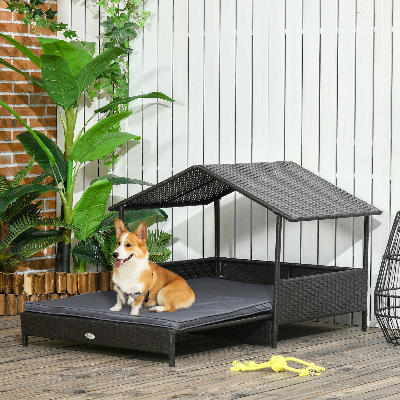 Extendable Elevated Dog Bed, Rattan Dog House w/ Water-Resistant Roof, Removable Cushion - Grey