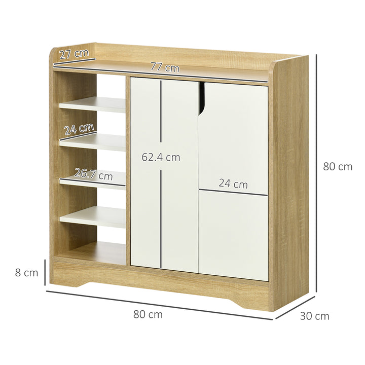 HOMCOM Shoe Cabinet with Double Doors & Open Shelving, 13 Pair Footwear Organiser for Hallways, Natural & White | Aosom UK