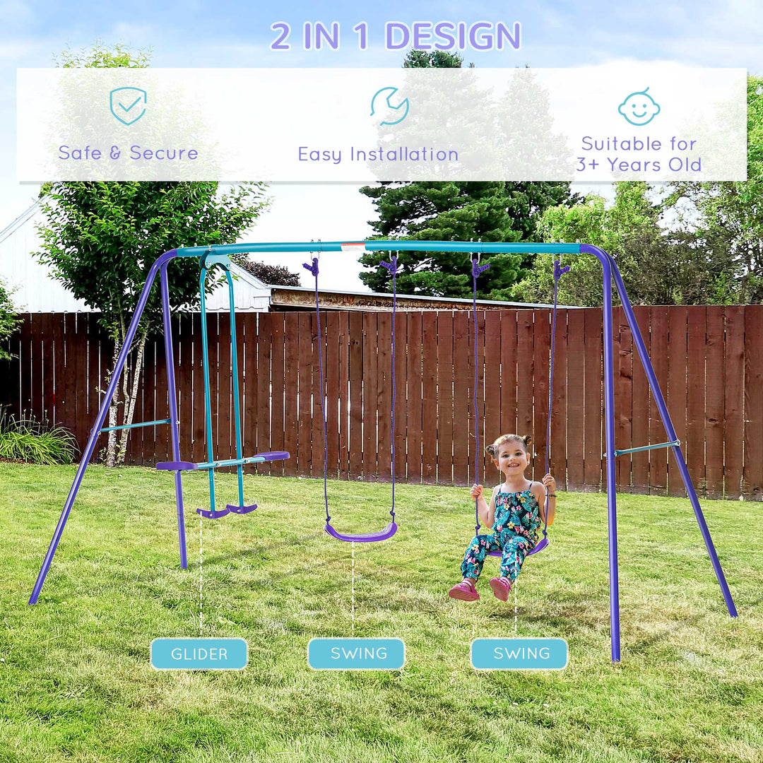 Metal Swing Set, with Seesaw, Adjustable Height, for Ages 3+ Years, Purple