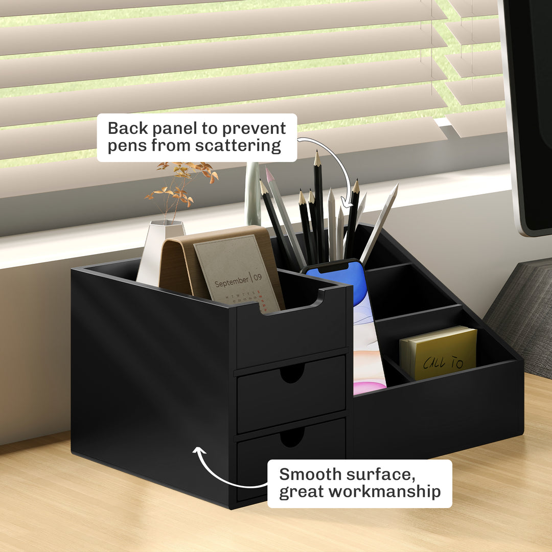 Desk Organiser Holder, Bamboo Multi-Function Storage Caddy with 7 Storage Compartments and 2 Drawers for Home Office Stationary Supplies, Black
