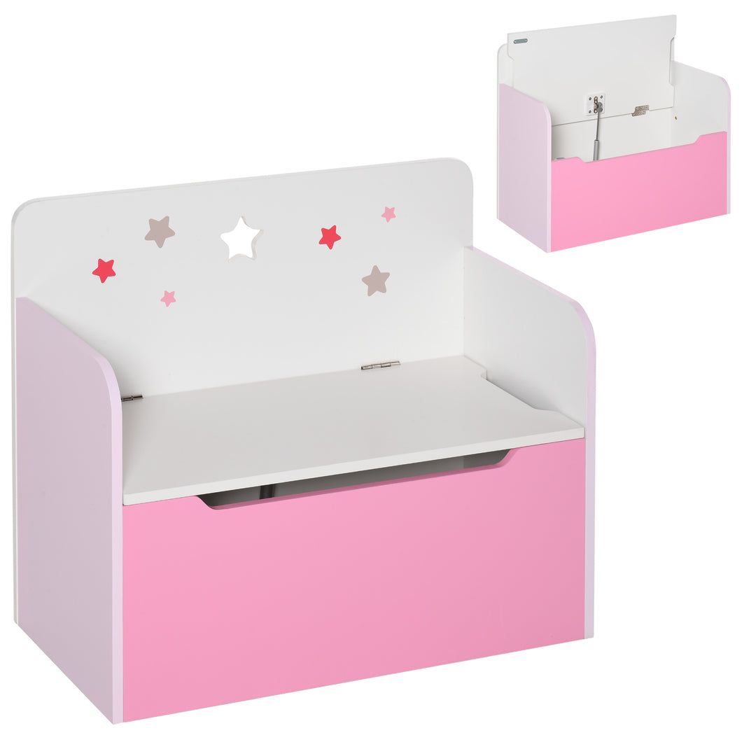 HOMCOM Kids Wooden Toy Storage Chest Chair 2 in 1 Design with Gas Stay Bar Safety Hinges Lid 60 x 30 x 50cm Pink | Aosom UK