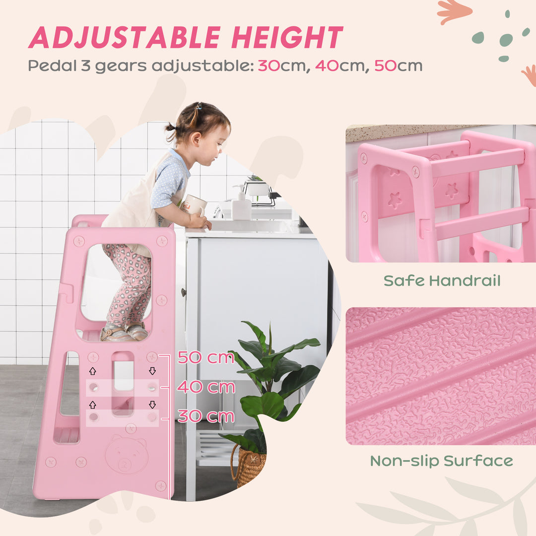 Kids Step Stool, Adjustable Standing Platform, Toddler Kitchen Stool, Pink