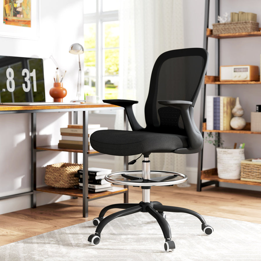Draughtsman Chair, Mesh Drafting Chair, Ergonomic Office Chair with Flip-up Armrest, Adjustable Foot Ring, Black