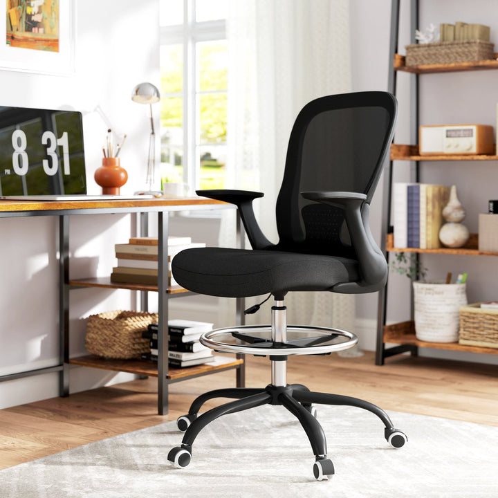 Draughtsman Chair, Mesh Drafting Chair, Ergonomic Office Chair with Flip-up Armrest, Adjustable Foot Ring
