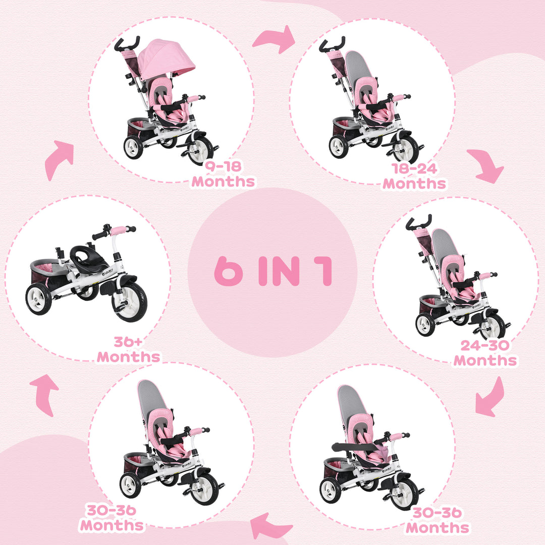 6 in 1 Kids Trike with Parent Handle, Canopy, 5-point Safety Belt, Storage, Footrest, Brake, for 1-5 Years, Pink