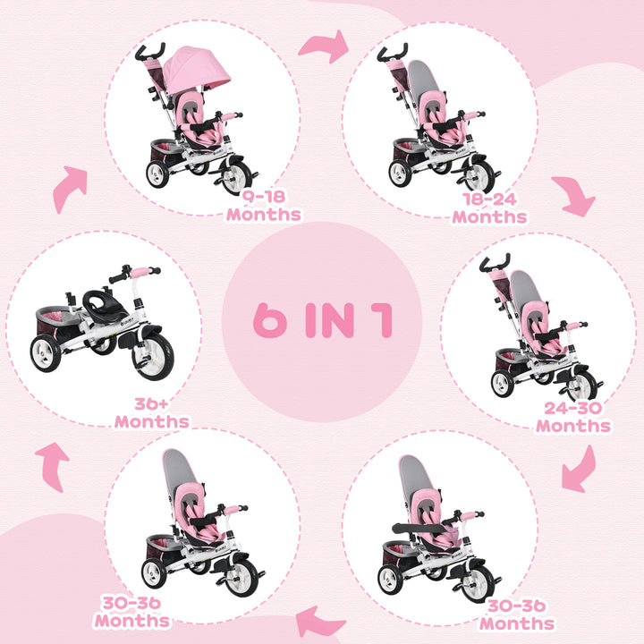 6 in 1 Kids Trike with Parent Handle, Canopy, 5-point Safety Belt, Storage, Footrest, Brake, for 1-5 Years, Pink