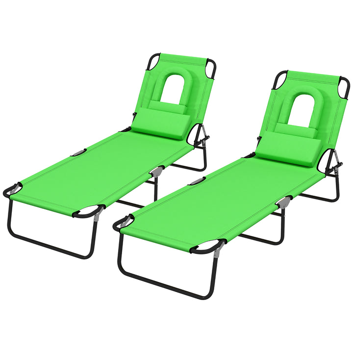 Outsunny Foldable Sun Lounger Duo, Adjustable 4-Level Backrest, Comfort Pillow & Reading Slot, Easy Storage, Vibrant Green | Aosom UK