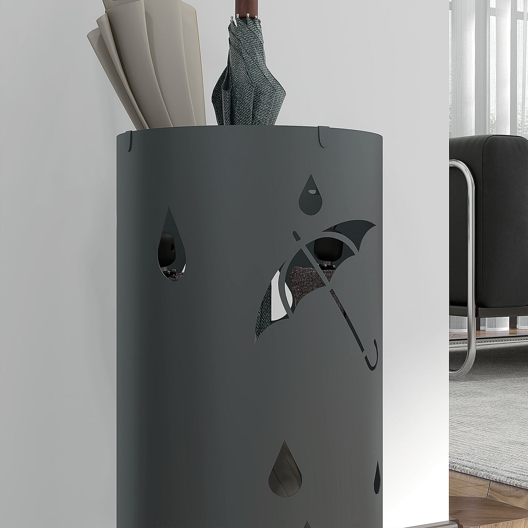 HOMCOM Umbrella Station: Circular Stand with Hooks & Water Tray, Hallway Essential, Dark Grey | Aosom UK