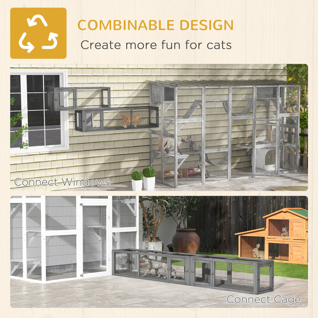 Cat Tunnel, 250cm Extra Long Wooden Cat Play Tunnel with 8 Doors, L-shape/Rectangle, Outdoor Cat Enclosure, Dark Grey