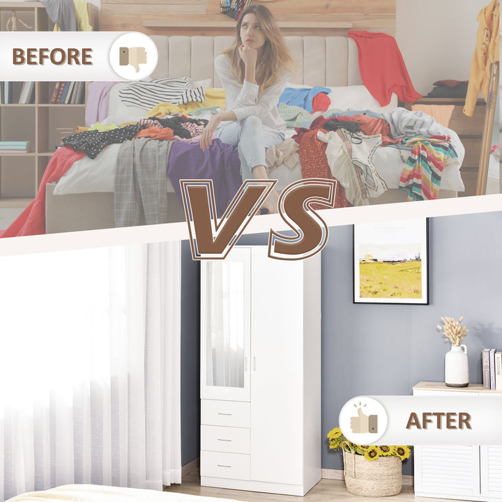 2 Door 3 Drawer Mirrored Wardrobe with Hanging Rail, Modern Clothes Storage Cupboard with Mirror, Drawers and Adjustable Shelves for Bedroom, 80 x 50 x 180 cm, White