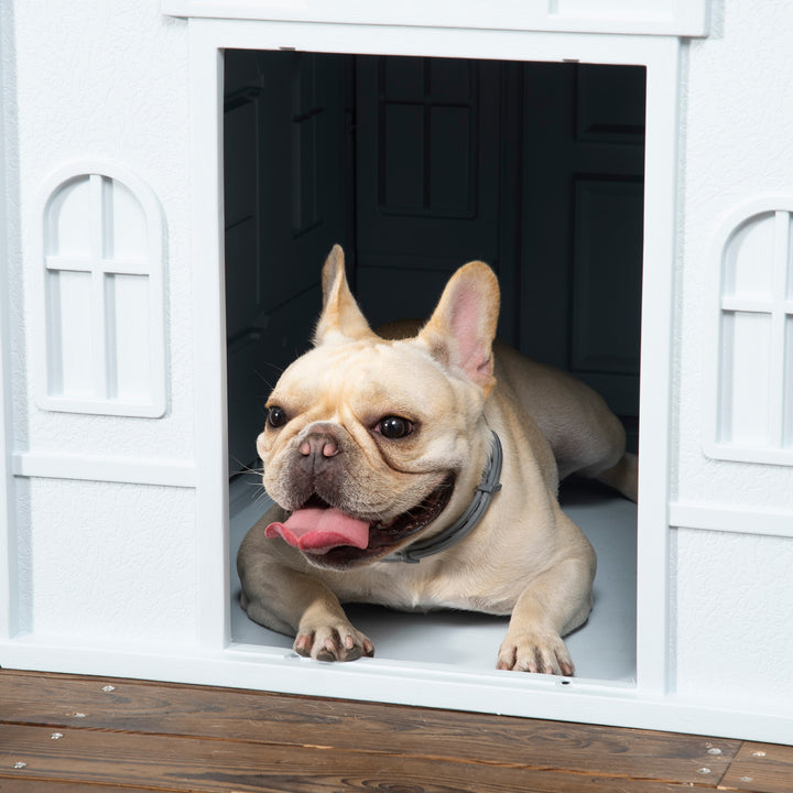 PawHut Durable Dog Kennel Weather-Resistant Plastic Pet House for Indoor & Outdoor Use, Medium Size, White and Blue | Aosom UK