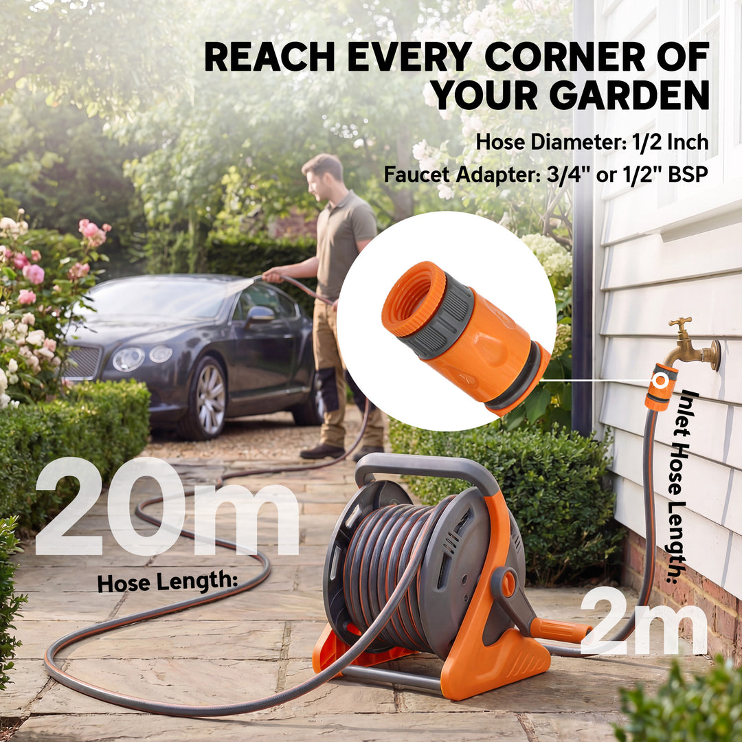 Portable Garden Hose Reel, 20+2 m Wall Mounted Hose Reel with 2 Patter