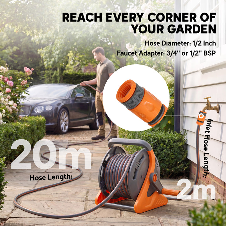 Portable Garden Hose Reel, 20+2 m Wall Mounted Hose Reel with 2 Patter
