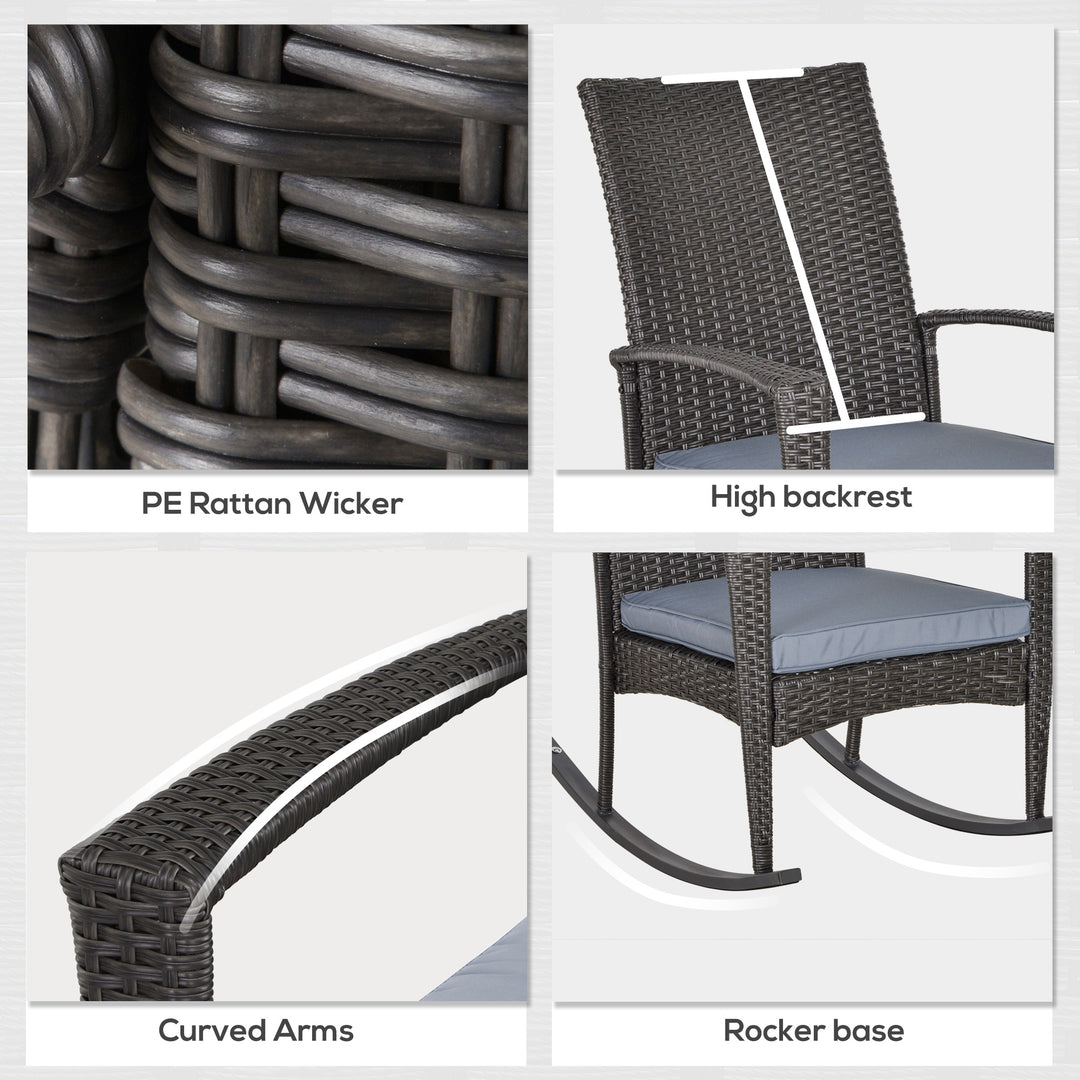 Outdoor PE Rattan Rocking Chair, Garden Rocking Chair Set with Armrest and Cushion, Grey