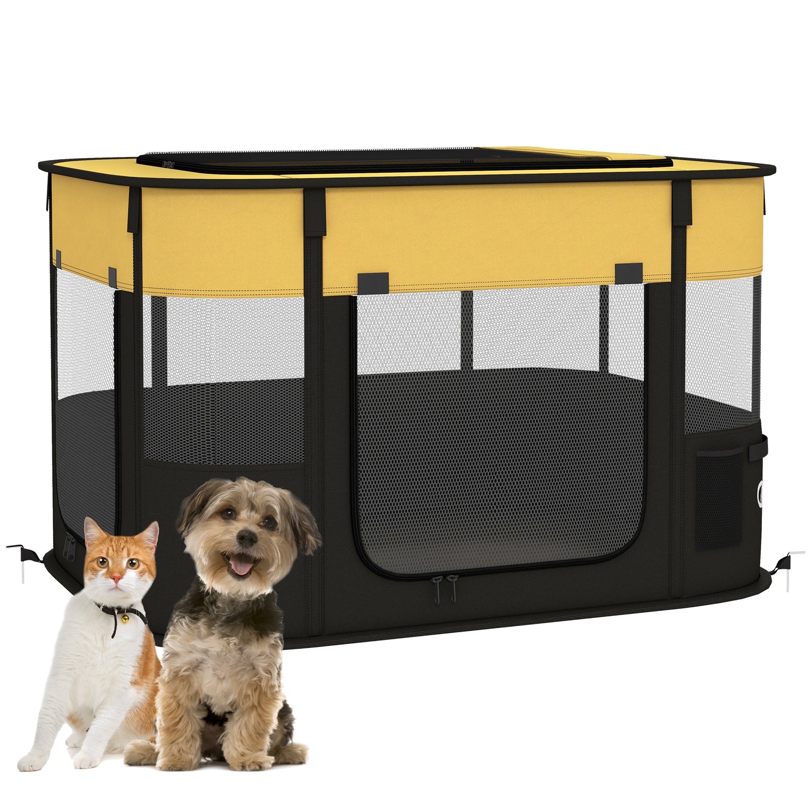 Foldable Dog Pen with Storage Bag for Indoor/Outdoor Use, Portable Pet playpen, with Ground Stakes - Yellow