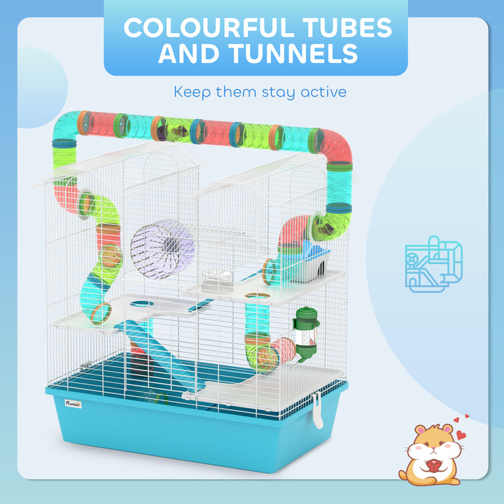4 Tier Hamster Cage w/ Tubes, Exercise Wheel, Hut, Water Bottle, Food Dish, Ramps, for Dwarf Hamster, Light Blue