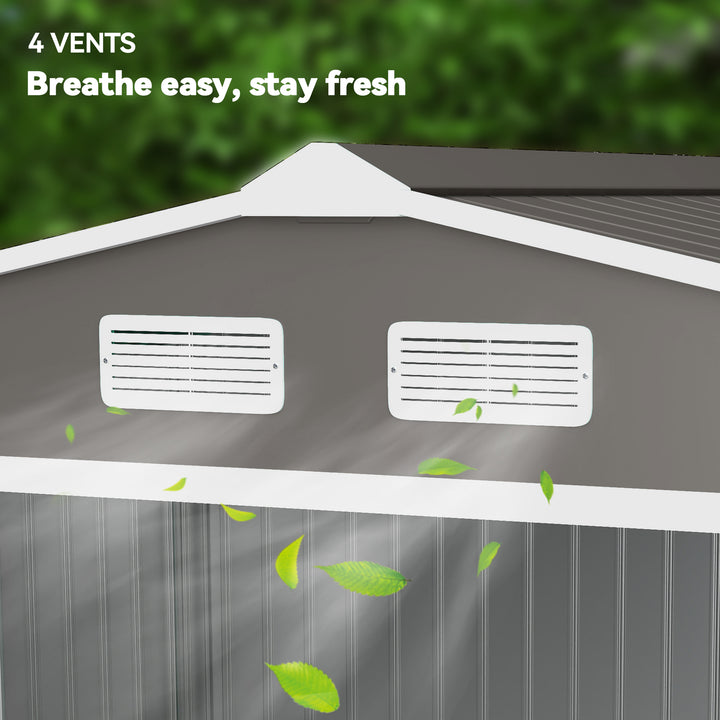 MCL 9 x 6FT Outdoor Garden Roofed Metal Storage Shed Tool Box with Foundation Ventilation & Doors Light, Grey