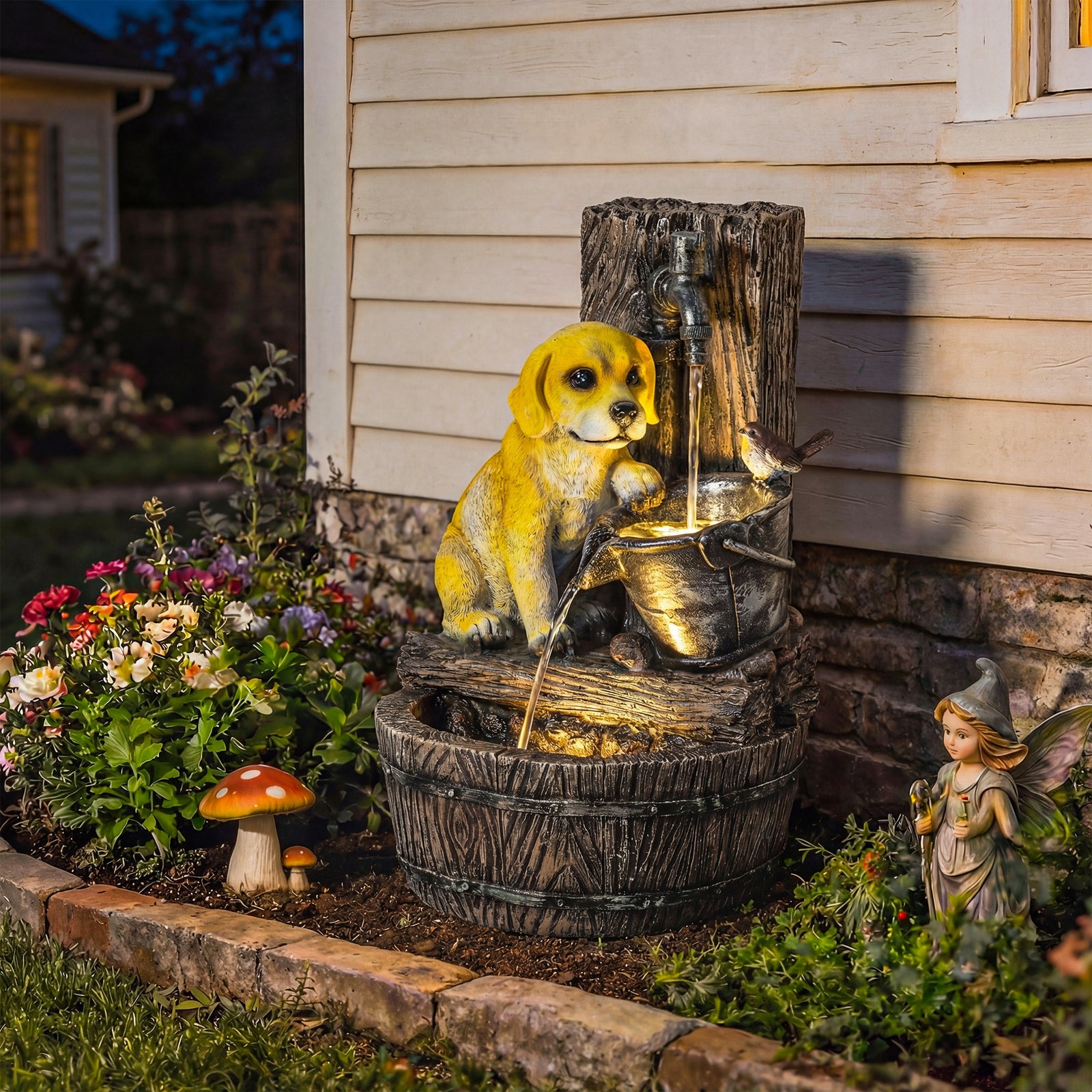 Garden Water Feature with 3-Tier Rustic Puppy Design, Freestanding Res