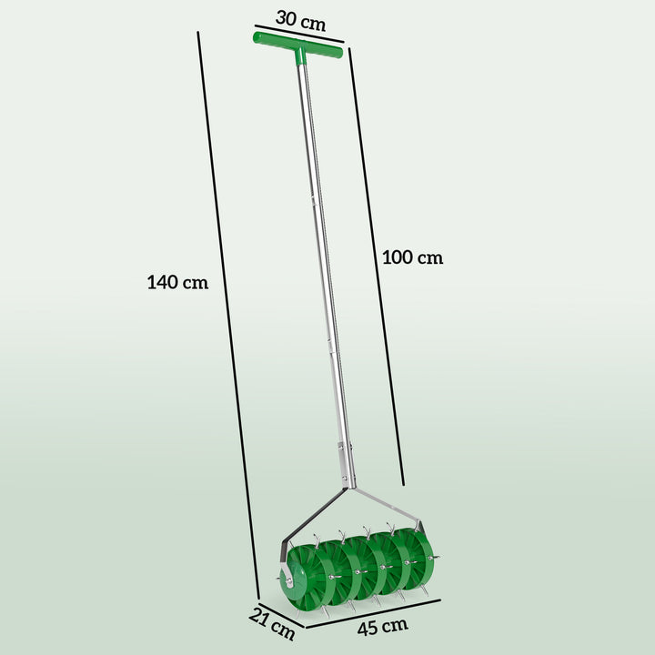 Rolling Lawn Aerator, Manual Grass Spike Roller, Heavy Duty Garden Aerator with 3 Piece Detachable Handle and T-bar Grip, Outdoor Garden Lawn Tool, Dark Green