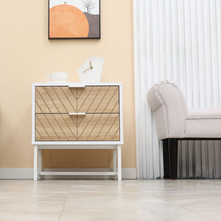 Modern Bedside Table with 2 Drawers and Metal Frame, Sofa Side Table for Bedroom Living Room, White and Oak