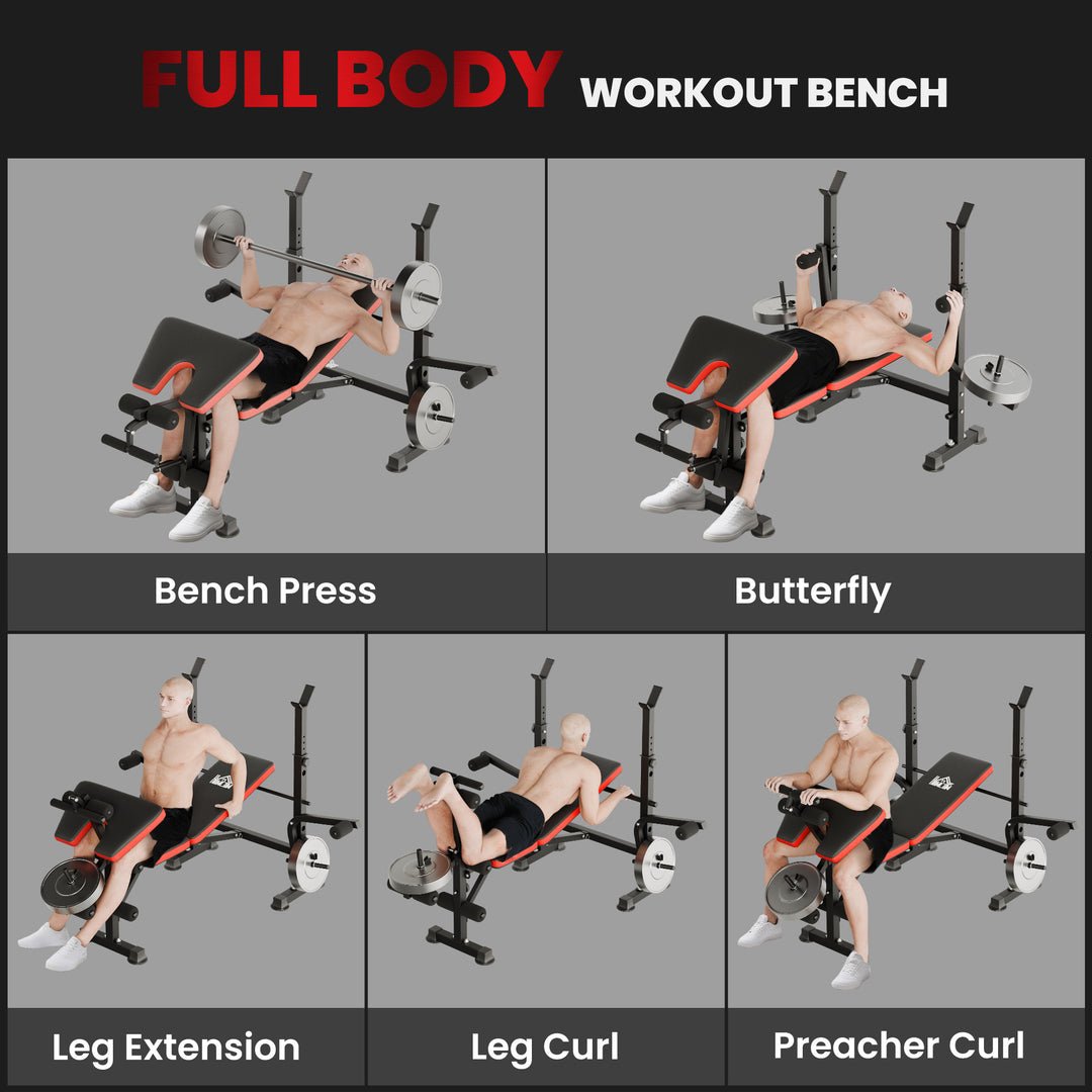 Adjustable Weight Bench with Leg Extension, Barbell Rack, Preacher Curl Pad, Butterfly, Multi-Function Home Gym Bench for Strength Training, Red