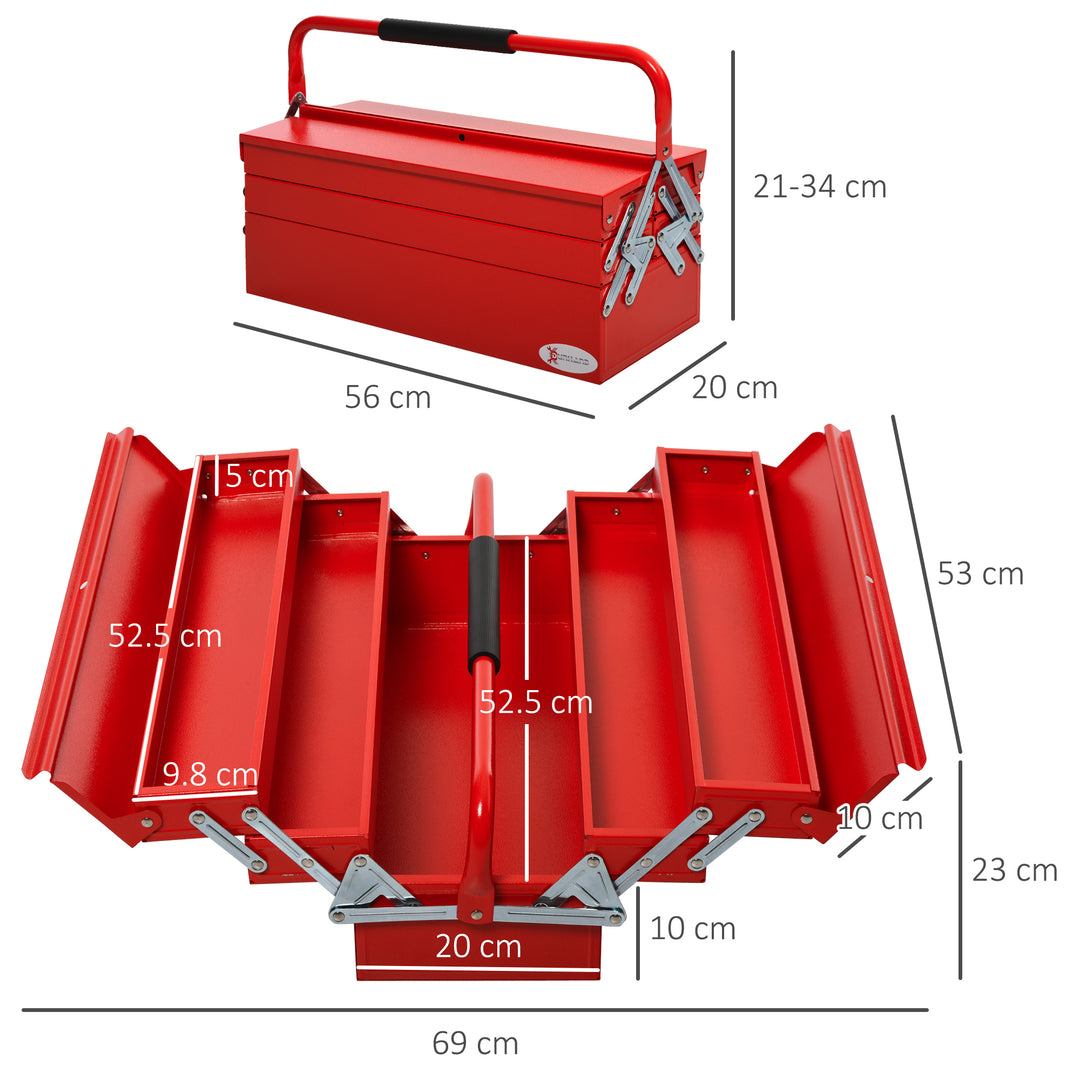 DURHAND Professional Metal Tool Box, 3 Tier 5 Tray Cantilever Storage Cabinet with Carry Handle, 57cm x 21cm x 41cm, Red | Aosom UK