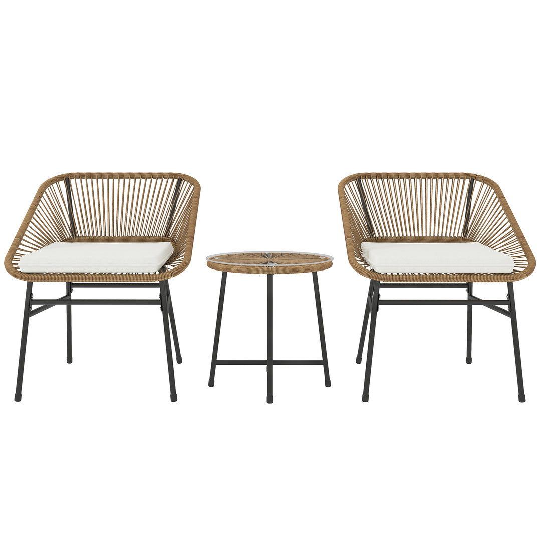 3 Pieces Rattan Bistro Set, Wicker Small Garden Table and Chairs Set with Cushions and Glass Top Coffee Table, Bistro Garden Furniture Set for Outdoor, Patio, Balcony, Natural
