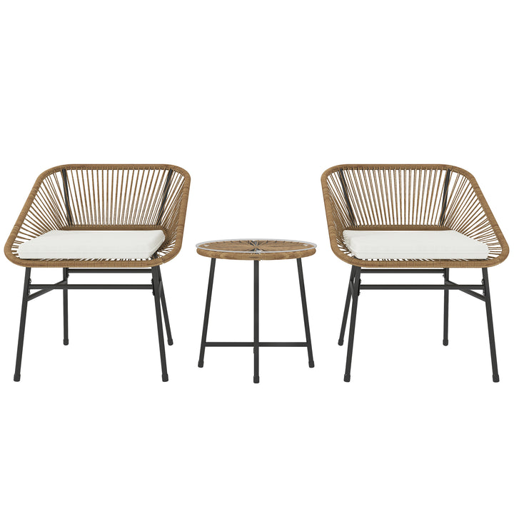 3 Pieces Rattan Bistro Set, Wicker Small Garden Table and Chairs Set with Cushions and Glass Top Coffee Table, Bistro Garden Furniture Set for Outdoor, Patio, Balcony, Natural