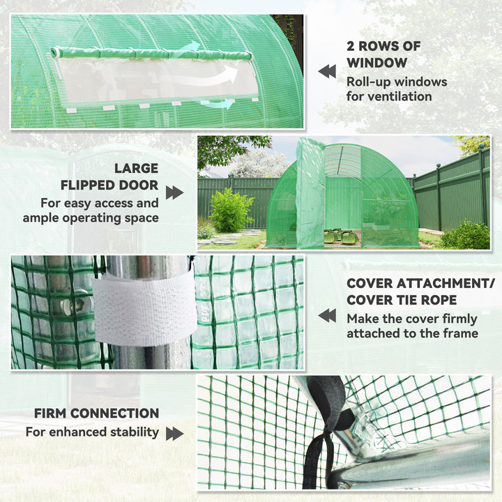 MCL Large Polytunnel Walk In Greenhouse, Plant Gardening Tunnel Green House with Metal Hinged Door, Galvanised Steel Frame & Mesh Windows, Green (3 x 6 m)