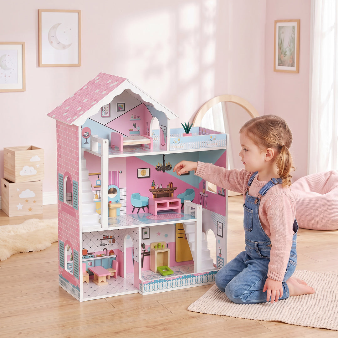 Wooden Dolls House, Large 3-Storey Modern Dollhouse with 10 - view 2