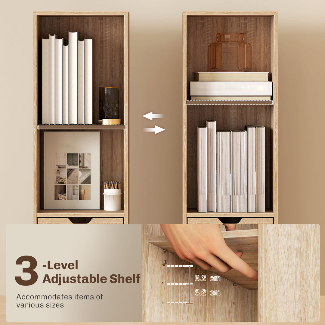 6-Tier Bookcase, Tall Narrow Bookshelf with Drawer and Door - Natural 