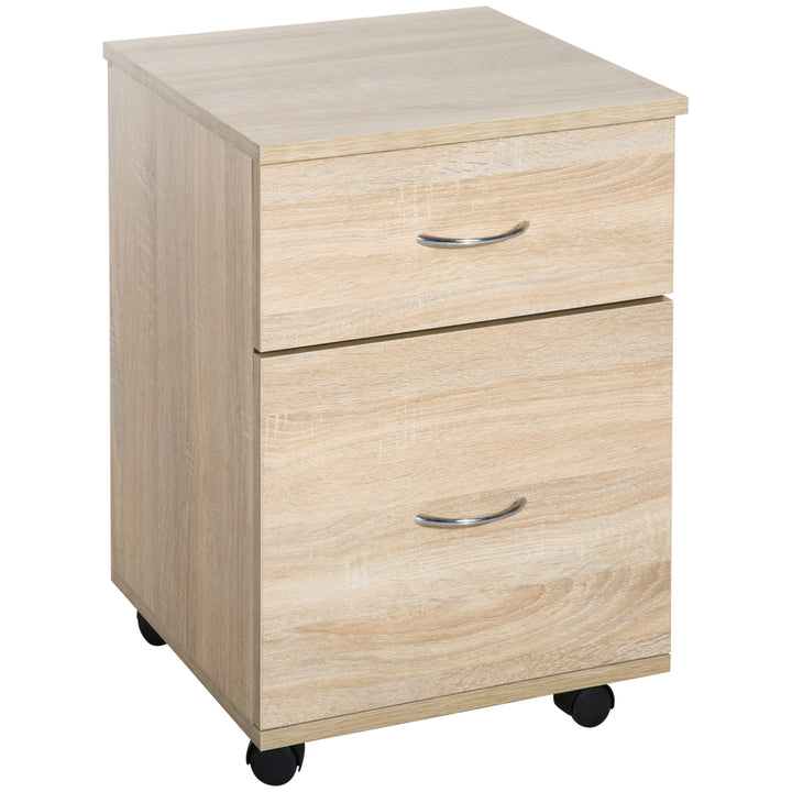 HOMCOM File Cabinet Cupboard Storage with Two Drawers, Table Storage Box with Wheels, Cabinet Bedside Table Storage Box, Oak | Aosom UK