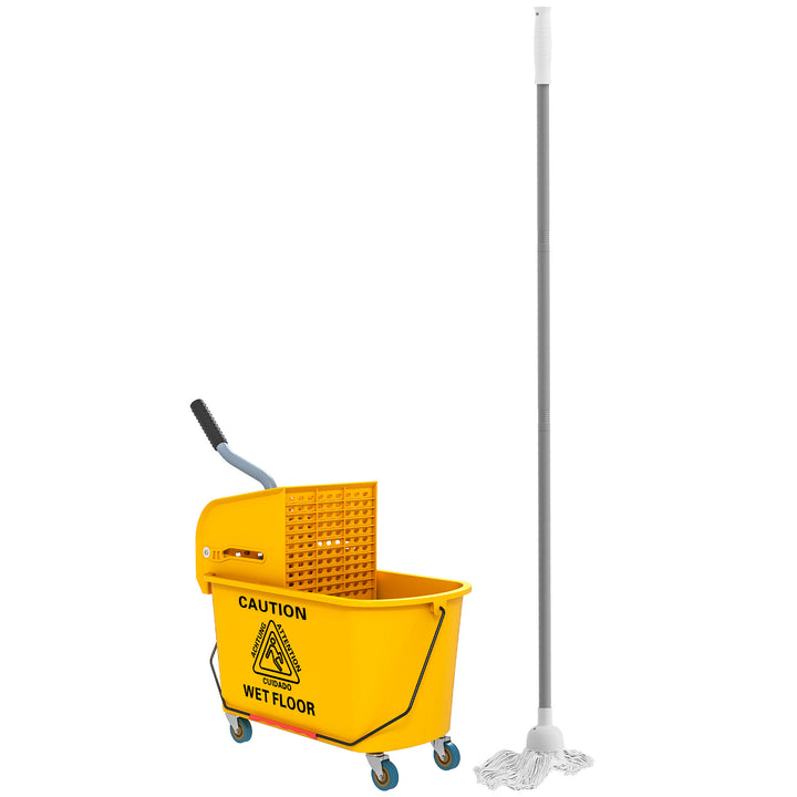 Mop Bucket with Wringer Set on Wheels for Floor Cleaning, 20 Litre Side Press Wringer with Handle and Mop, Yellow