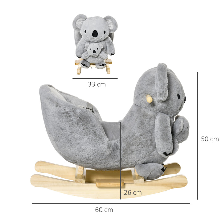 MCL Kids Toddler Rocking Horse Plush Ride On Koala Rocker Wooden Base Seat Safety Belt w/ Gloved Doll Toy for 18-36 Months Grey