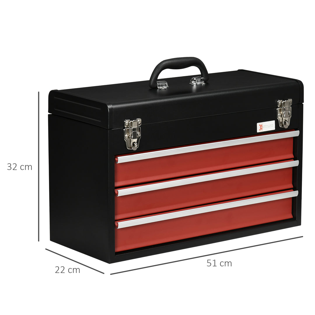 3 Drawer Tool Chest, Lockable Metal Tool Box with Ball Bearing Runners, Portable Toolbox, 510mm x 220mm x 320mm, Black
