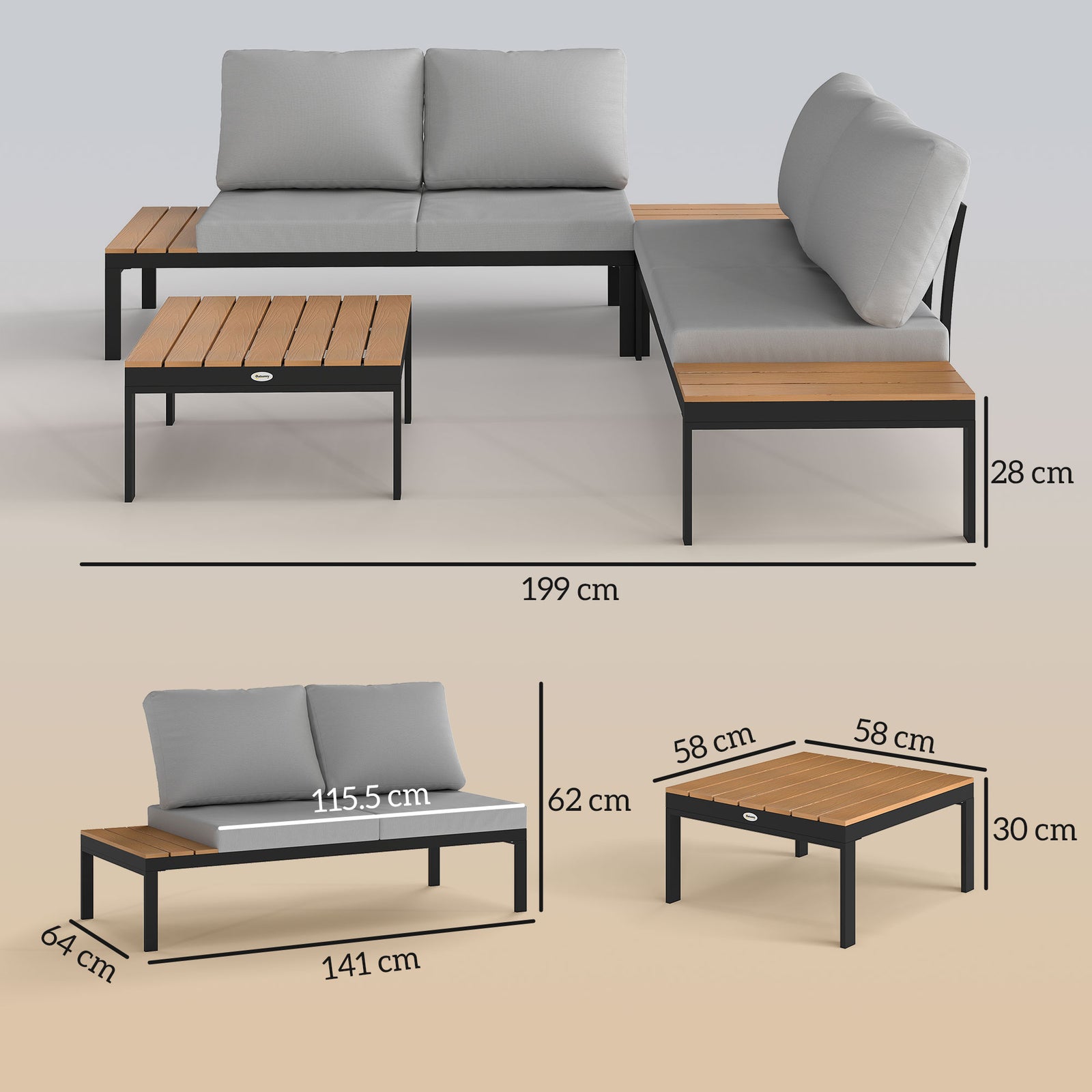 Four-Piece Garden Corner Sofa Set with 2 Loveseats and 2 Coffee Tables