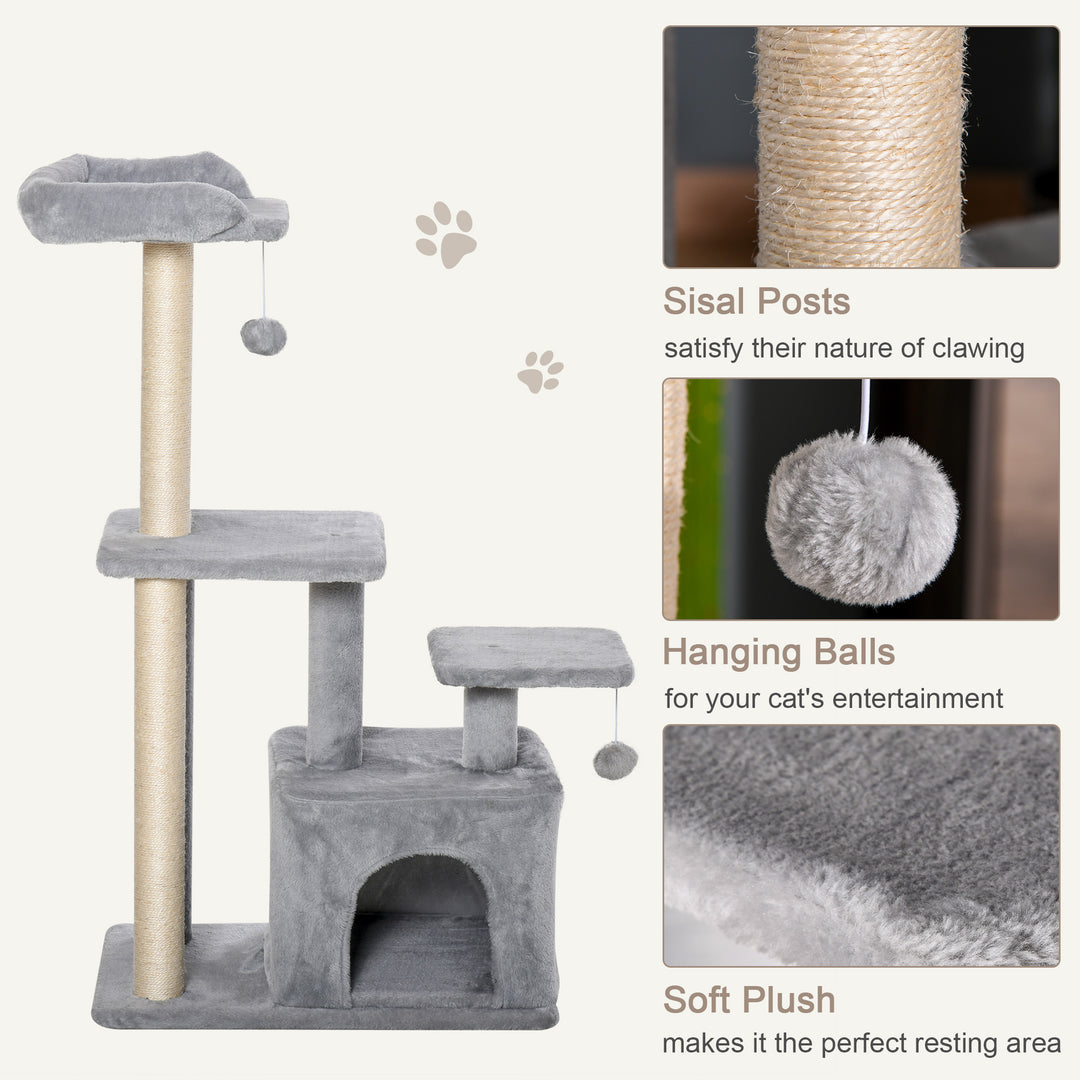 PawHut Feline Fun Tower: 114cm Tall Activity Centre with Scratching Posts, Perch, Dangling Ball & Condo, Light Grey | Aosom UK