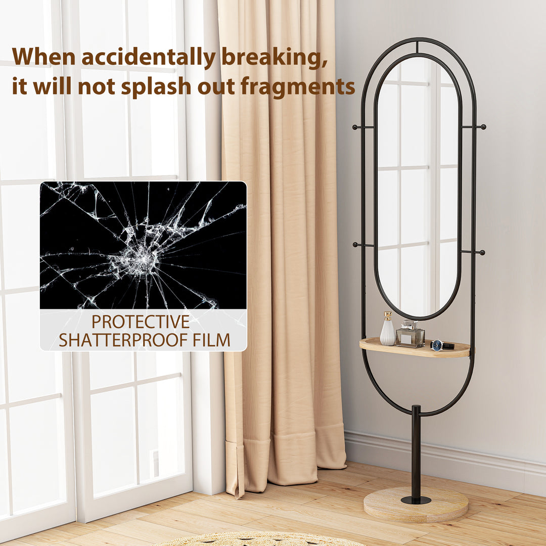 Oval Full Length Mirror with Wooden Tray and 4 Hooks - Black