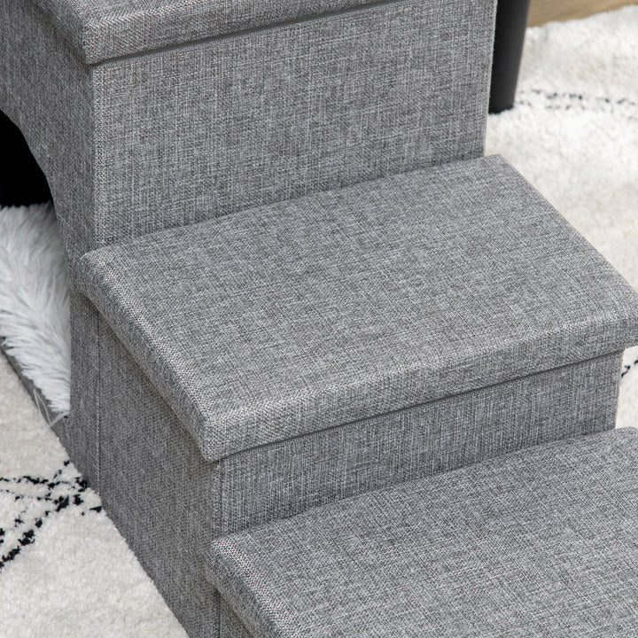 Dog Steps 3-step Pet Stairs with Kitten House and 2 Storage Boxes, 3 in 1 Dog Ramp for Sofa with Washable Plush Cushion