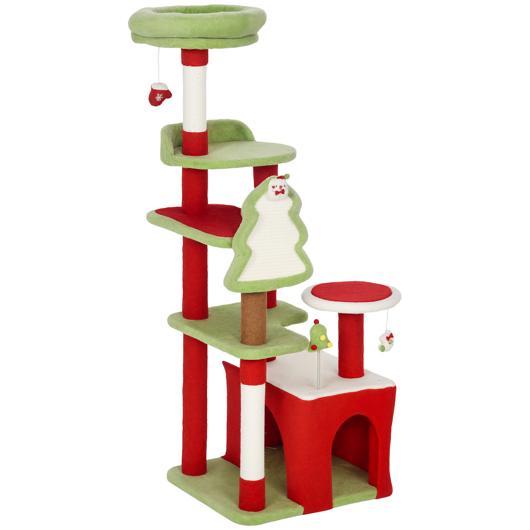 MCL Cat Tree, 120cm Christmas Cat Tower with 3 Scratching Posts, Scratching Board, 2 Perches, Platforms, Toys, Green